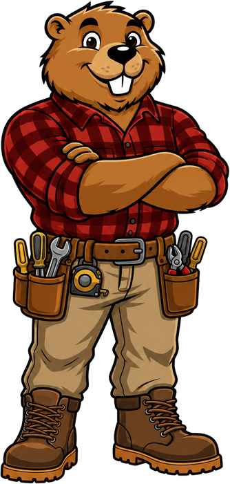 Bucktooth Handyman mascot standing with arms crossed