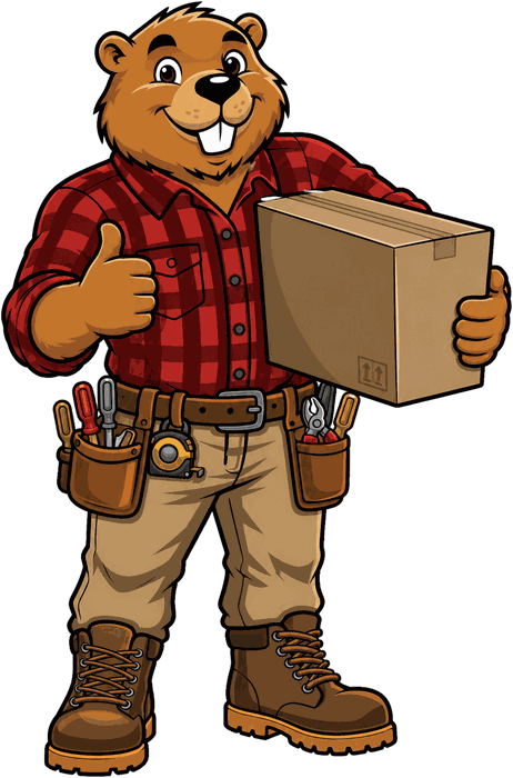 Bucktooth Handyman mascot giving a thumbs up while carrying a cardboard box