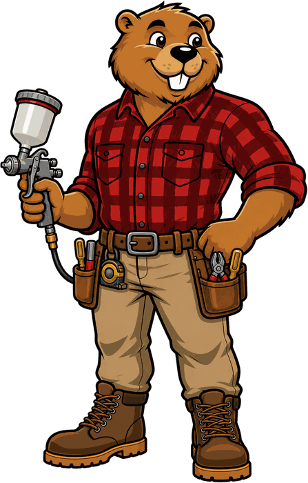 Bucktooth Handyman mascot holding a gravity-feed paint spray gun