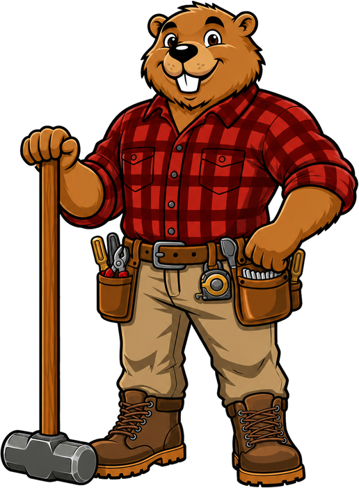 Bucktooth Handyman mascot resting his hand on a sledgehammer