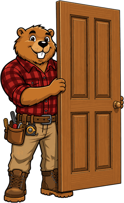 Bucktooth Handyman mascot steadying an upright six-panel wood door with a brass knob