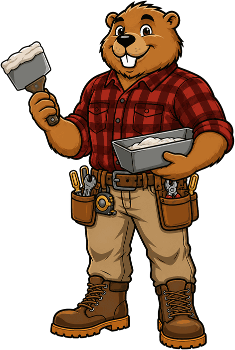 Bucktooth Handyman mascot holding a taping knife loaded with joint compound and a mud pan