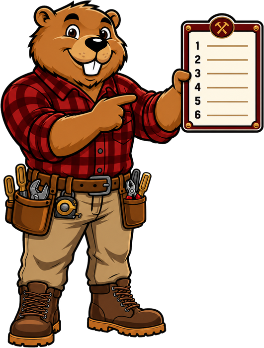 Bucktooth Handyman mascot pointing at a numbered checklist