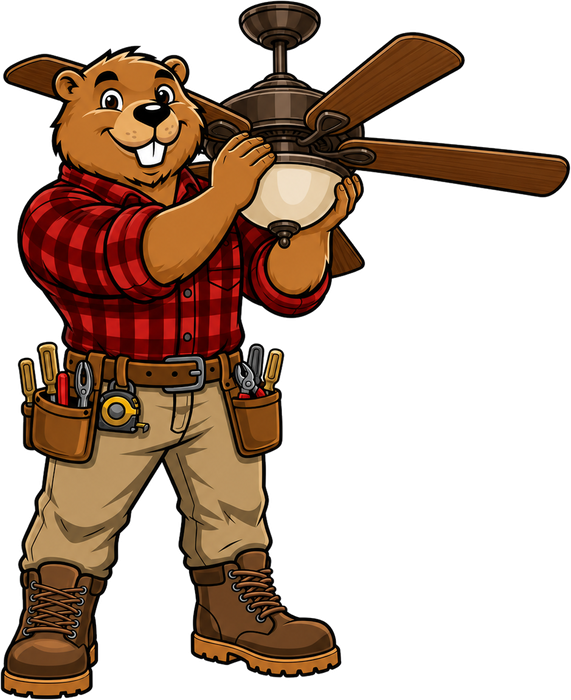 Bucktooth Handyman mascot holding up a ceiling fan light fixture