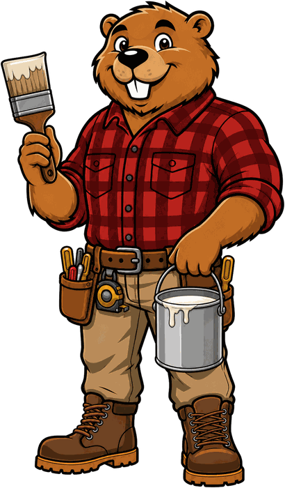Bucktooth Handyman mascot holding a paintbrush and an open can of white paint