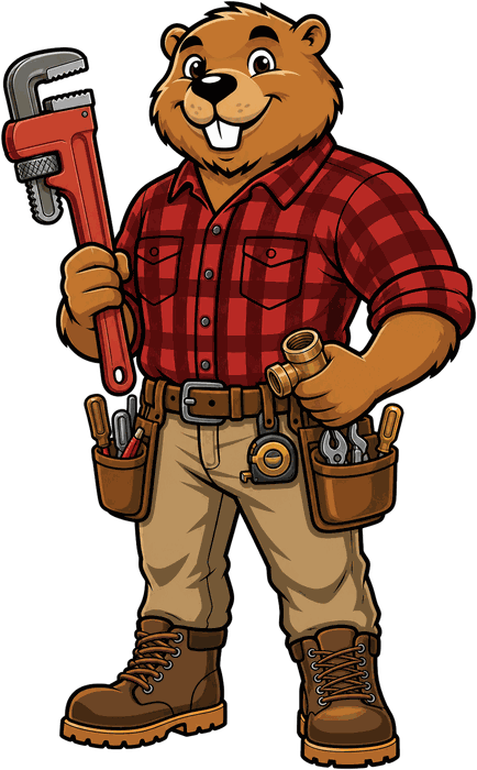 Bucktooth Handyman mascot holding a pipe wrench and a brass pipe fitting