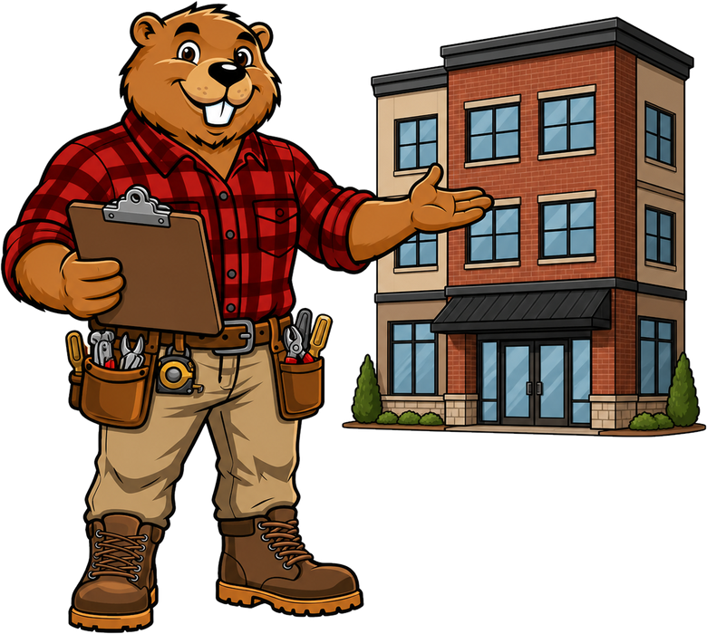 Bucktooth Handyman mascot with a clipboard beside a brick commercial building