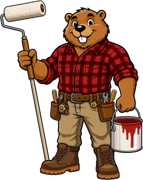 Bucktooth Handyman mascot holding a paint roller and paint can