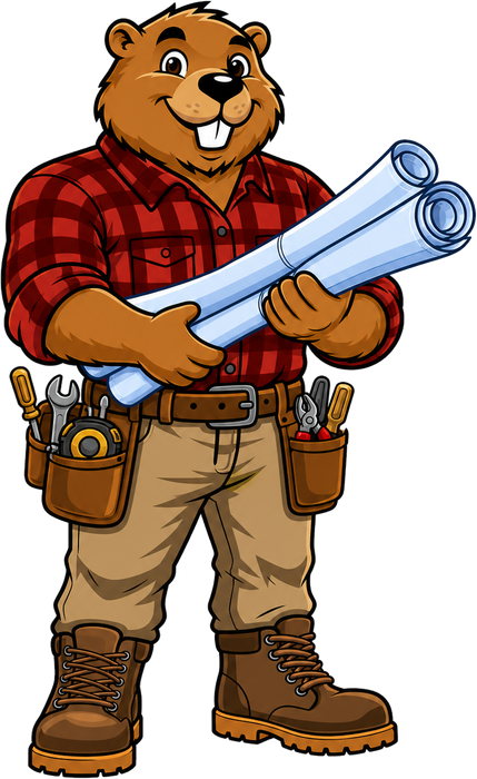Bucktooth Handyman mascot carrying rolled building plans