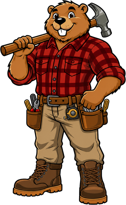 Bucktooth Handyman mascot holding a cordless drill