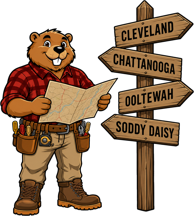 Bucktooth Handyman mascot holding a map beside a signpost for Cleveland and nearby cities.