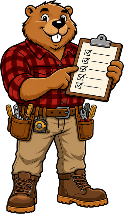 Bucktooth Handyman mascot holding a services checklist