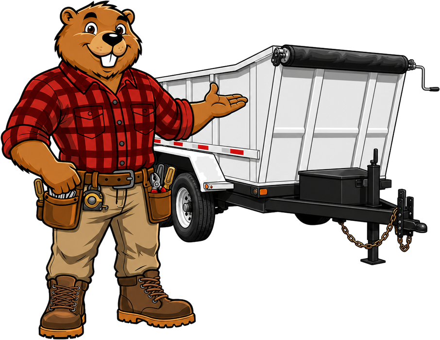 Bucktooth Handyman mascot beside a dump trailer