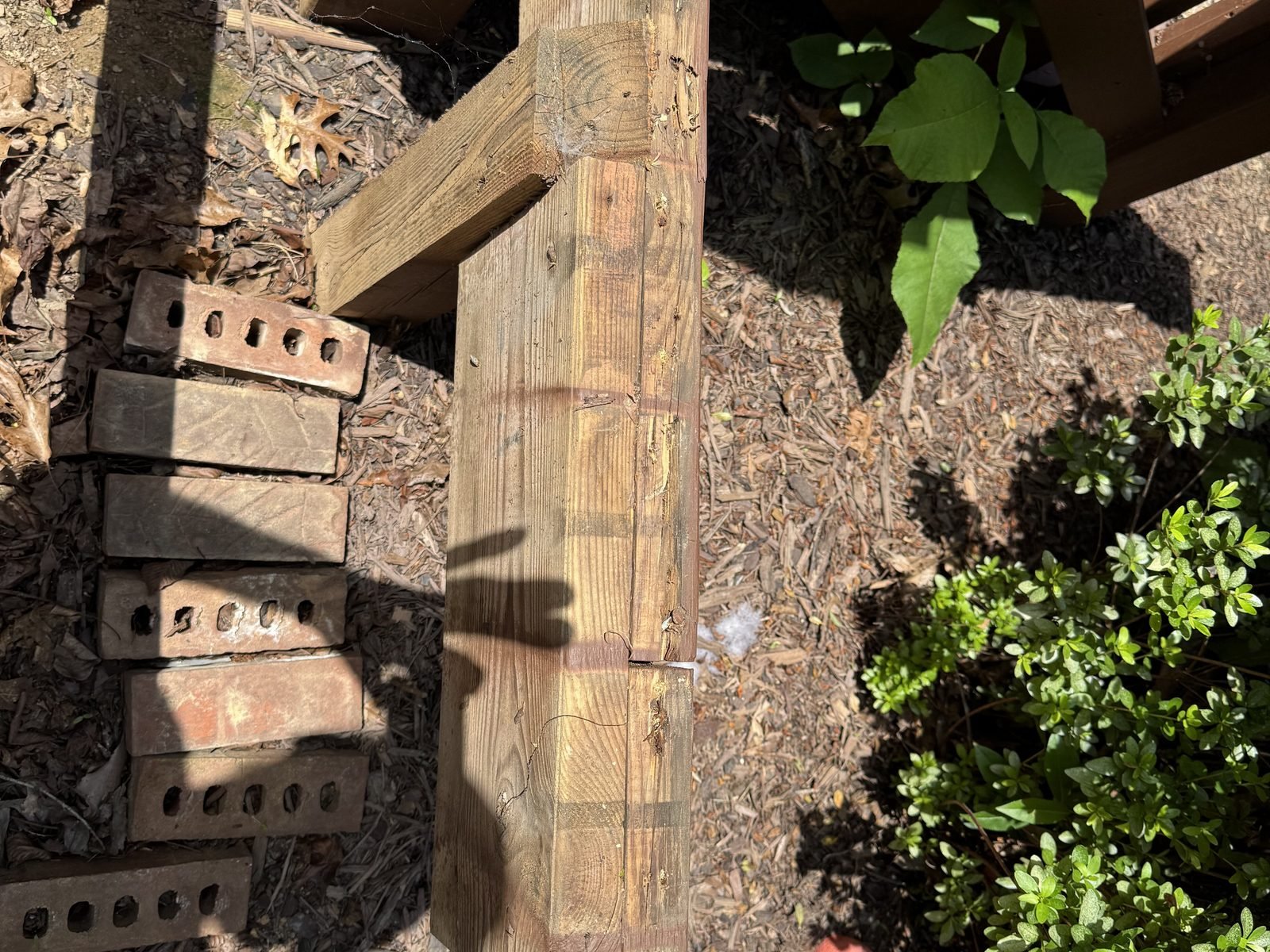 Old deck stair stringer before replacement